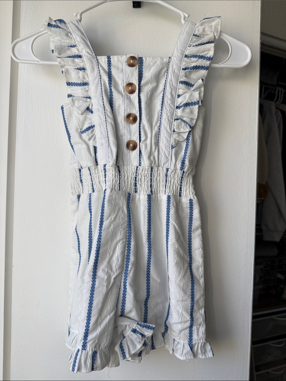 Rachel Zoe White Stripe Ruffle Romper with Wooden Buttons